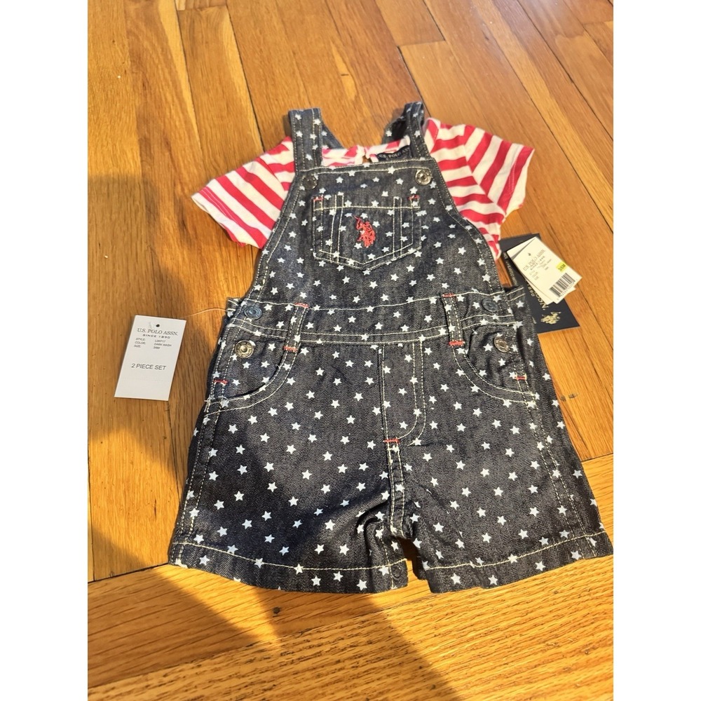 U.S. Polo Assn Baby Girls Star Overalls Striped Shirt Set 3/6M NWT Patriotic